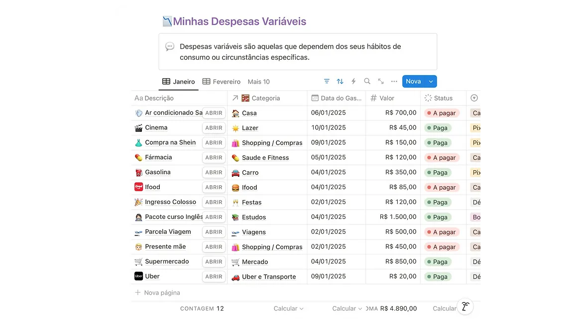 Minhas Despesas Variáveis - Planilha FinançaFácil